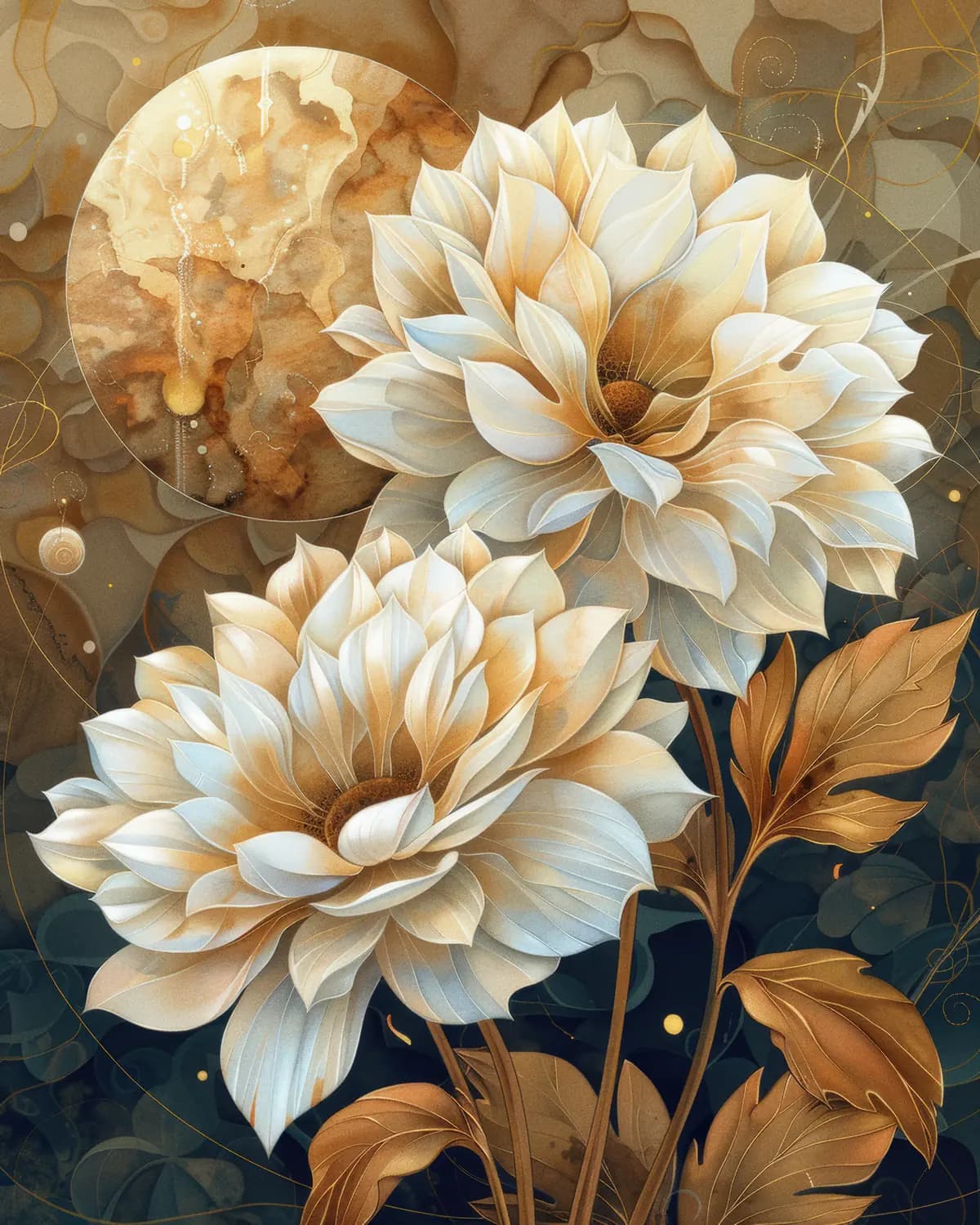 Dahlias Dorés sous la Lune Ambrée
