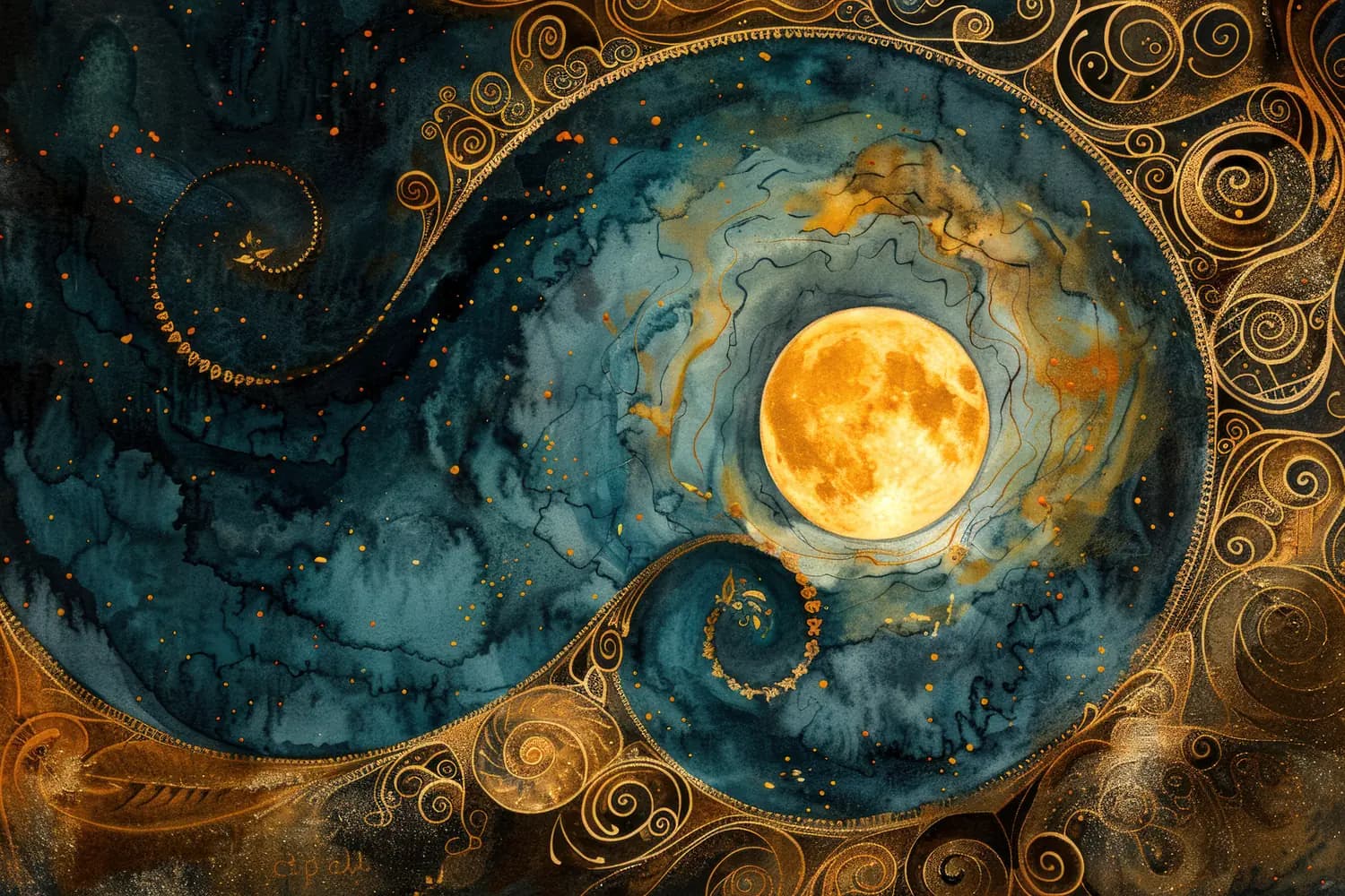 Pleine Lune Dorée dans un Ciel Tourbillonnant
