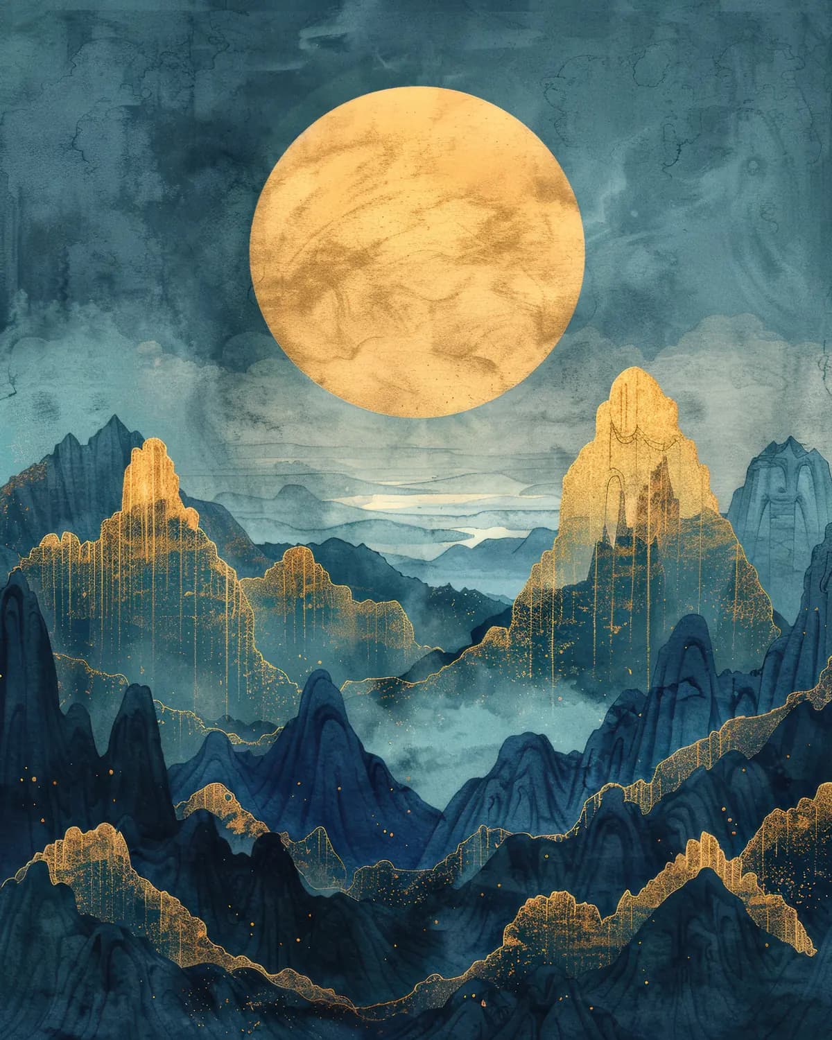 Pleine Lune Dorée sur les Montagnes Mystiques