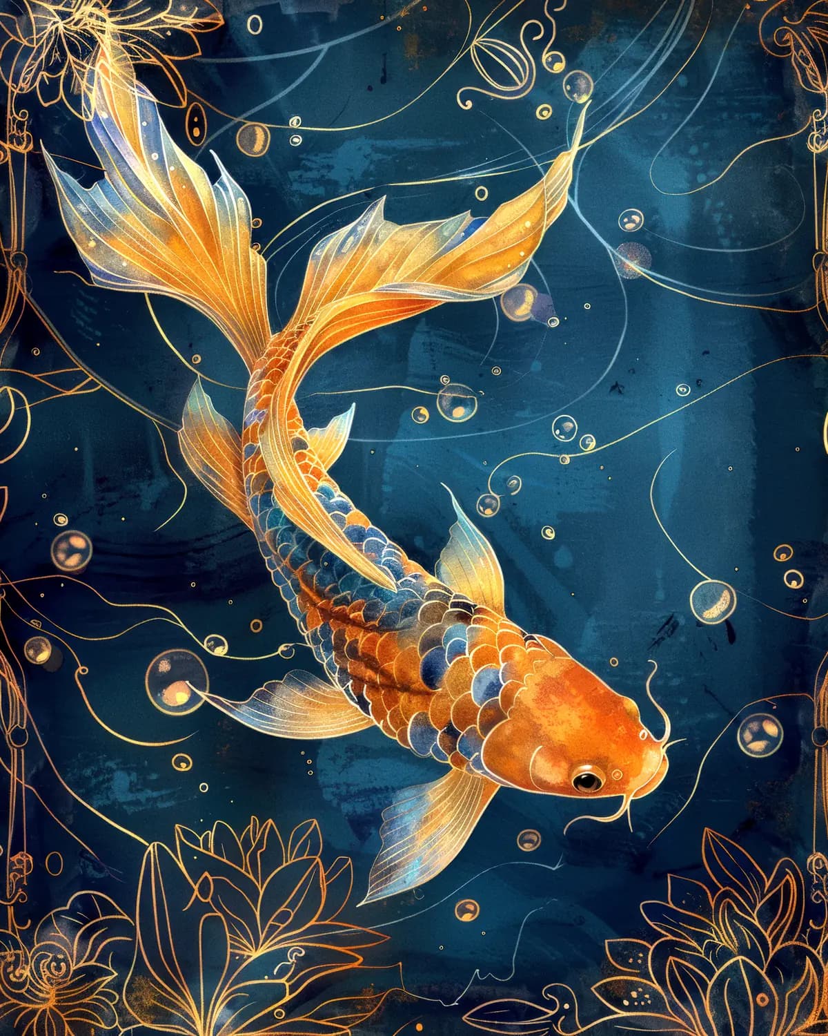 Carpe Koï Dorée dans les Eaux Profondes