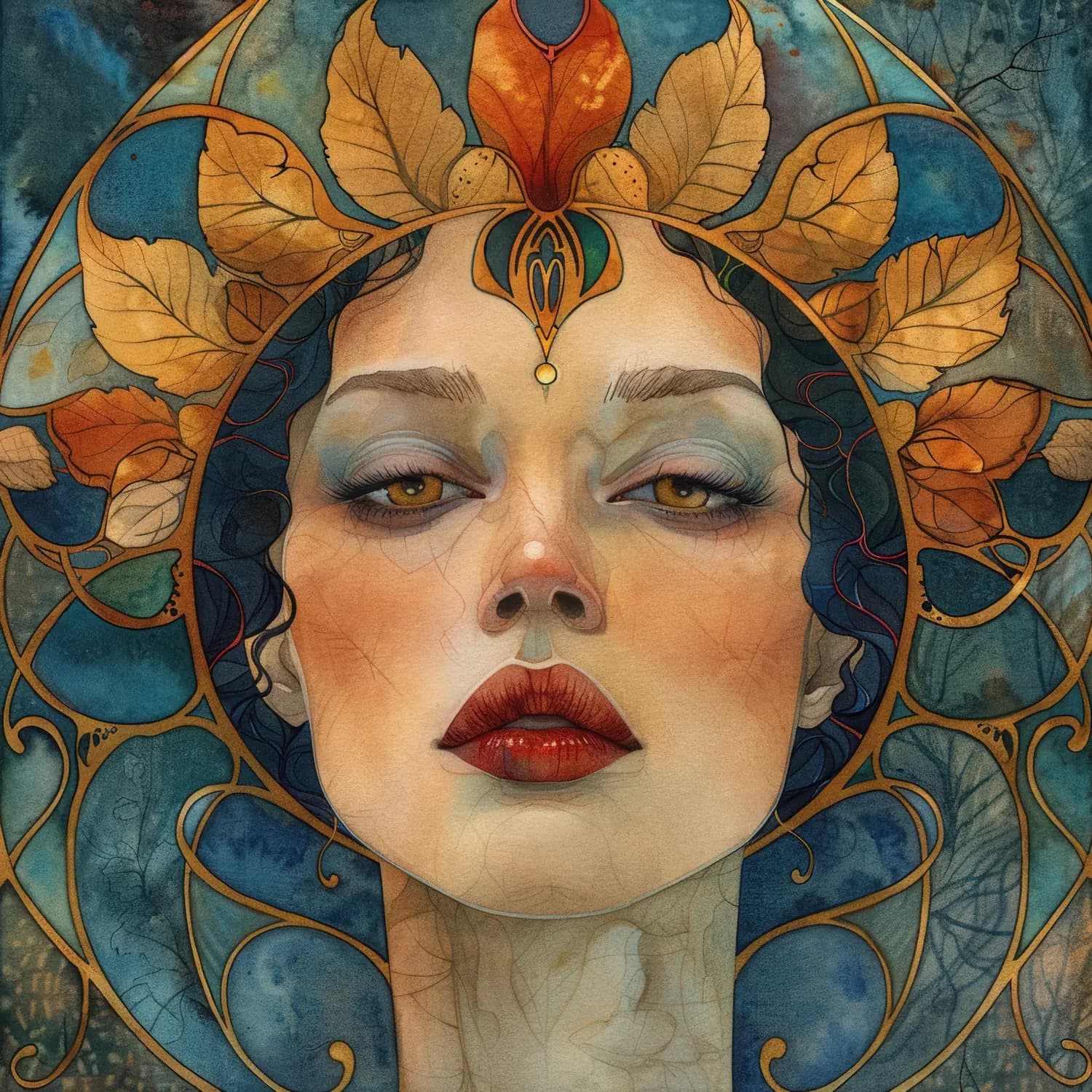Déesse aux Feuilles d'Or et Regard Ambré