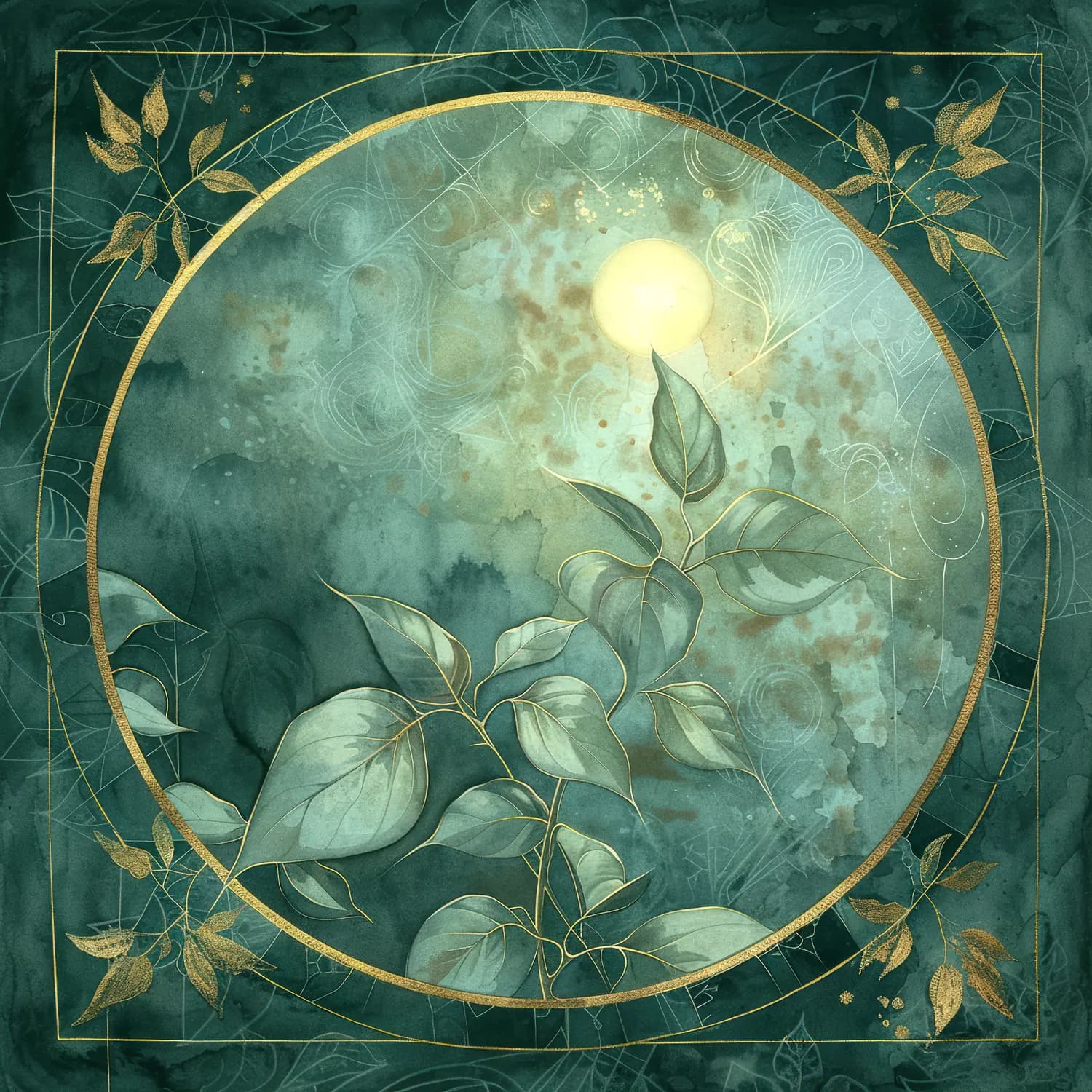 Lune dorée et feuillage dans le cercle sacré
