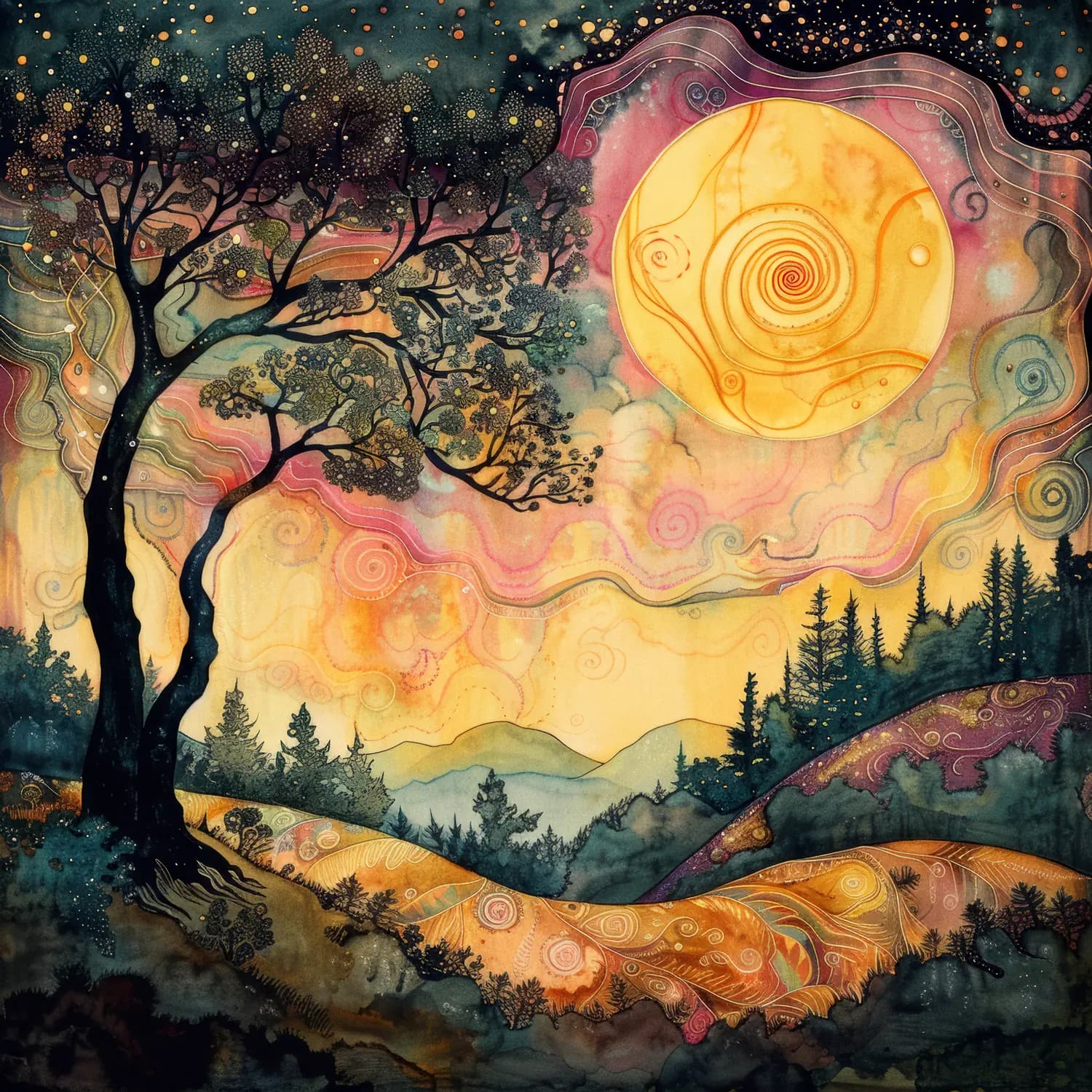 Lune Dorée sur un Paysage Enchanté