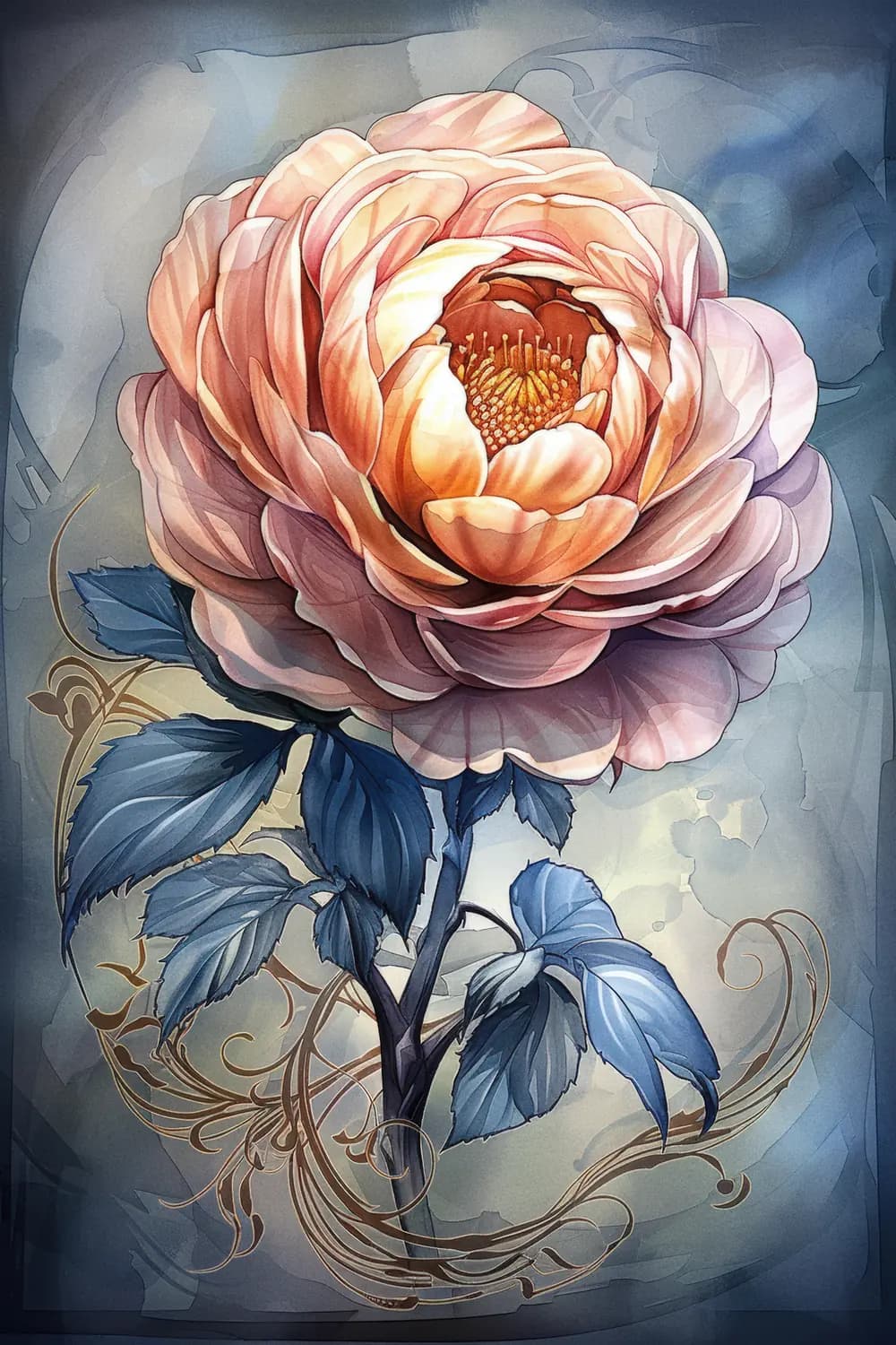 Pivoine Dorée aux Feuilles de Saphir