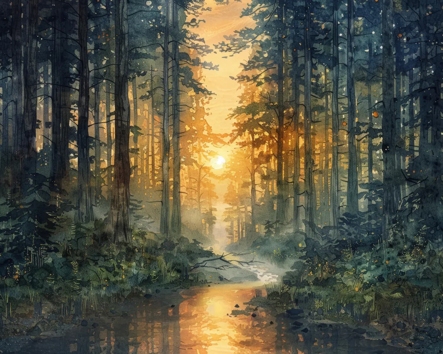 Coucher de Soleil Doré au Cœur de la Forêt