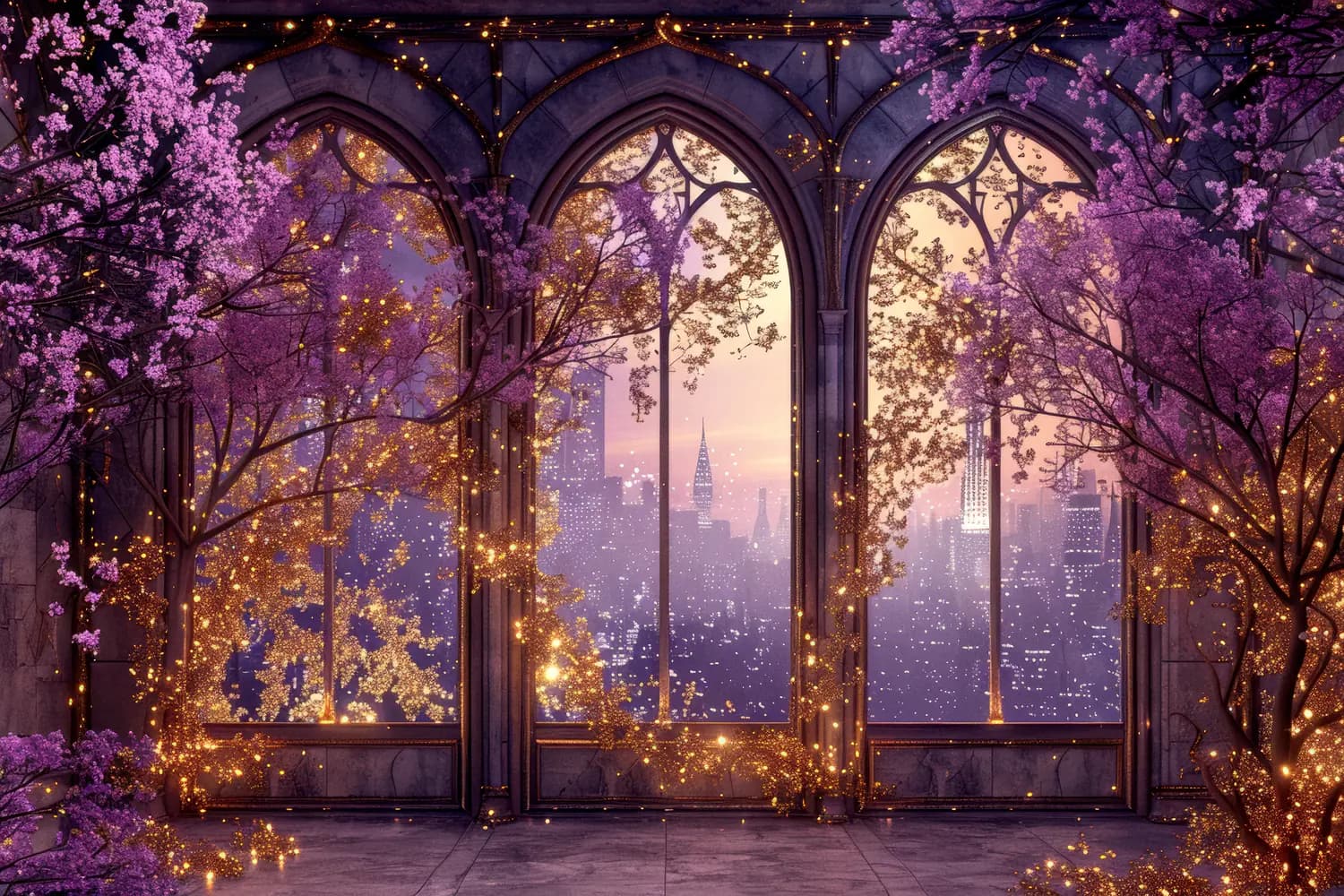 Arches Gothiques en Fleurs sur la Ville Nocturne