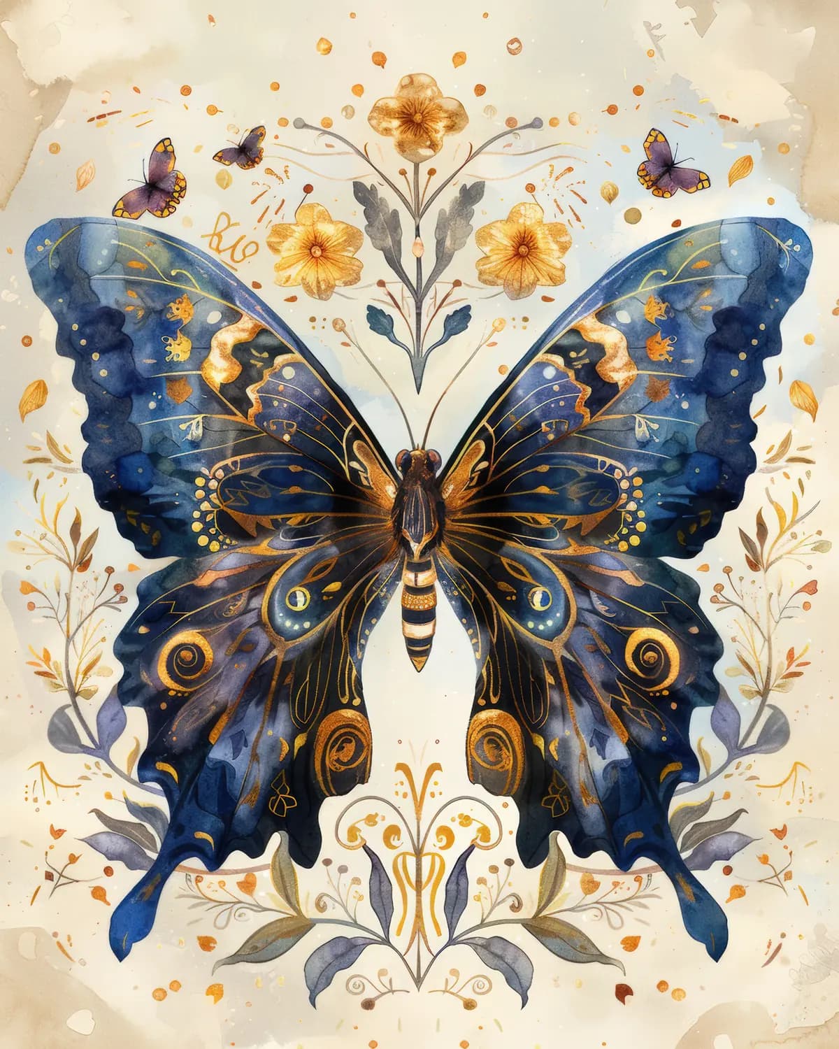 Grand Papillon Bleu aux Ornements Dorés