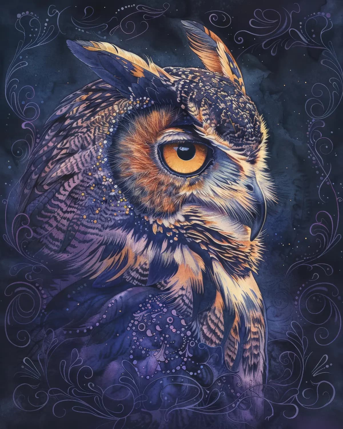Chouette Grand-Duc dans la Nuit Violette