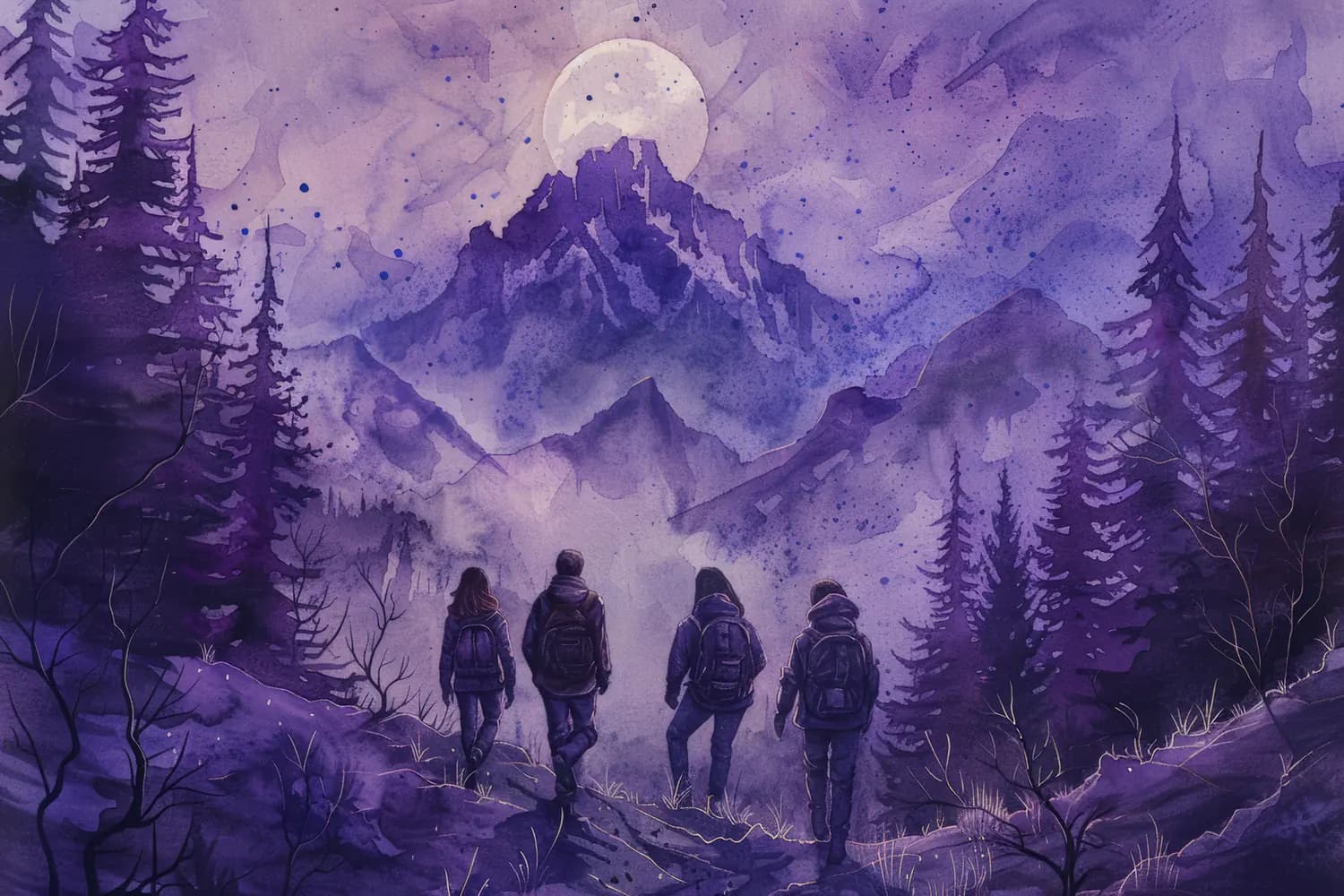 Randonneurs sous la Lune Violette des Montagnes