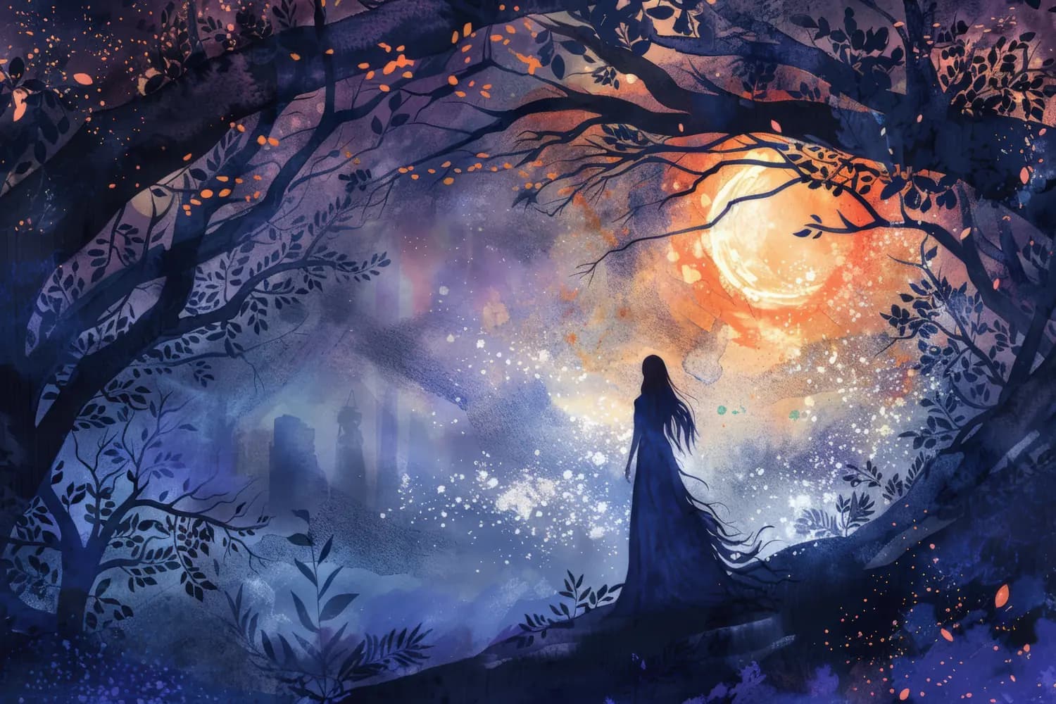 Silhouette au Clair de Lune dans la Forêt Enchantée