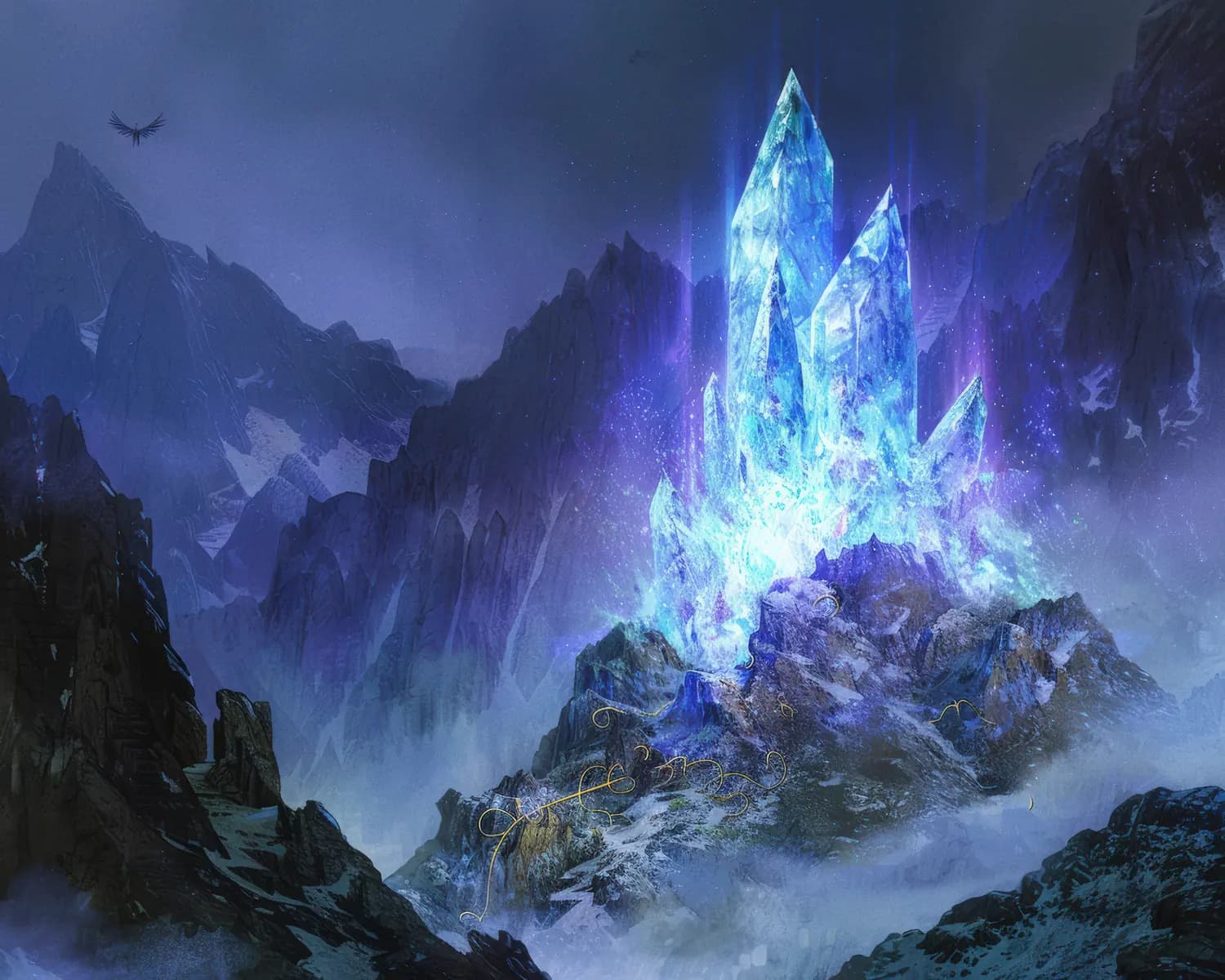 Cristaux Magiques Lumineux dans les Montagnes Brumeuses
