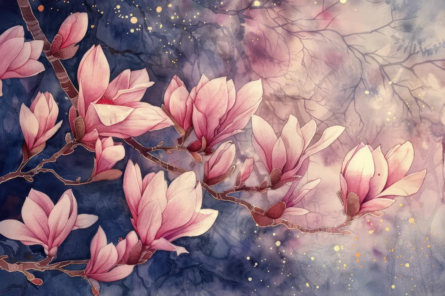 Magnolias en Fleurs sous un Ciel Nocturne