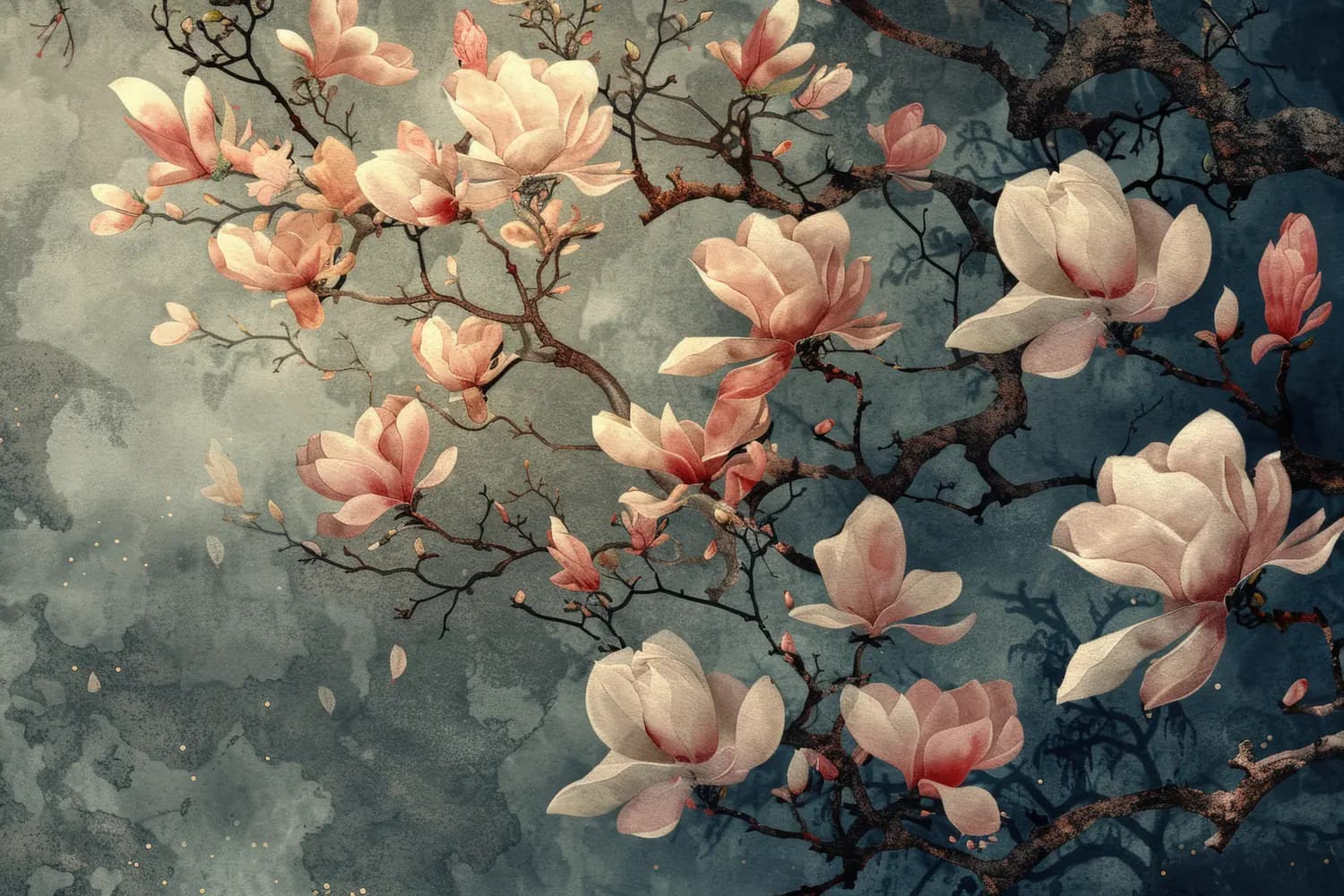 Magnolias en Fleurs sur Fond Nocturne Bleu