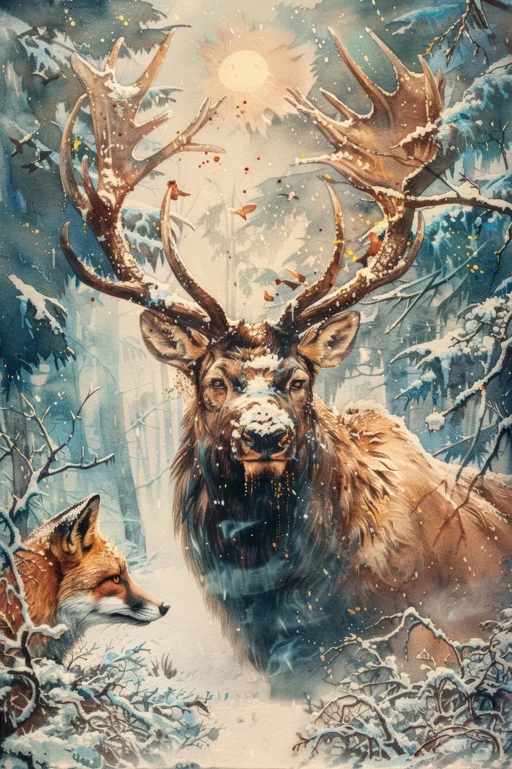 Cerf Majestueux et Renard dans la Forêt Hivernale