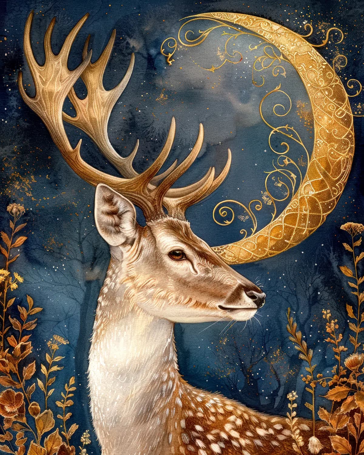 Cerf Majestueux sous le Croissant de Lune Doré