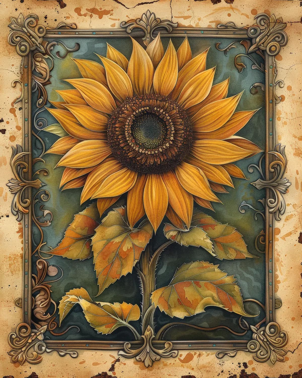 Tournesol Majestueux dans un Cadre Baroque Ancien