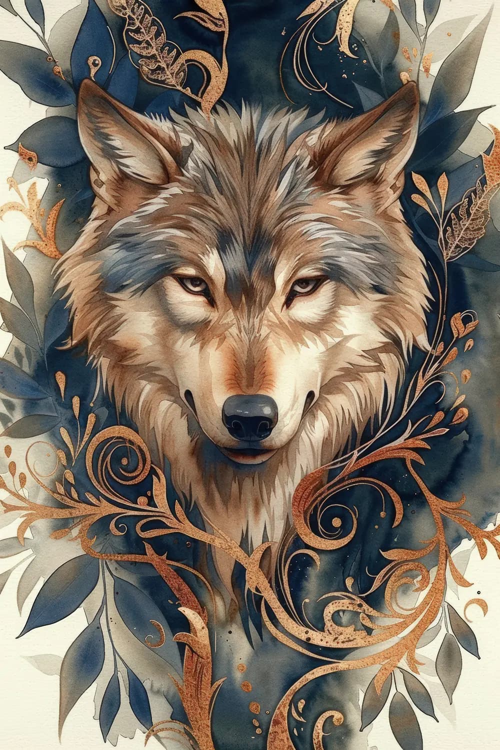 Loup Majestueux aux Arabesques Dorées et Feuillage Bleu
