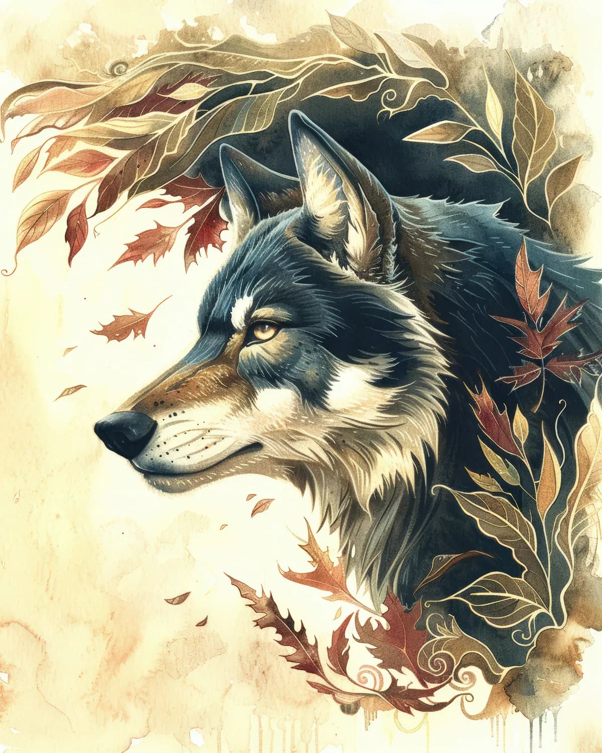 Loup Majestueux aux Feuilles d'Automne