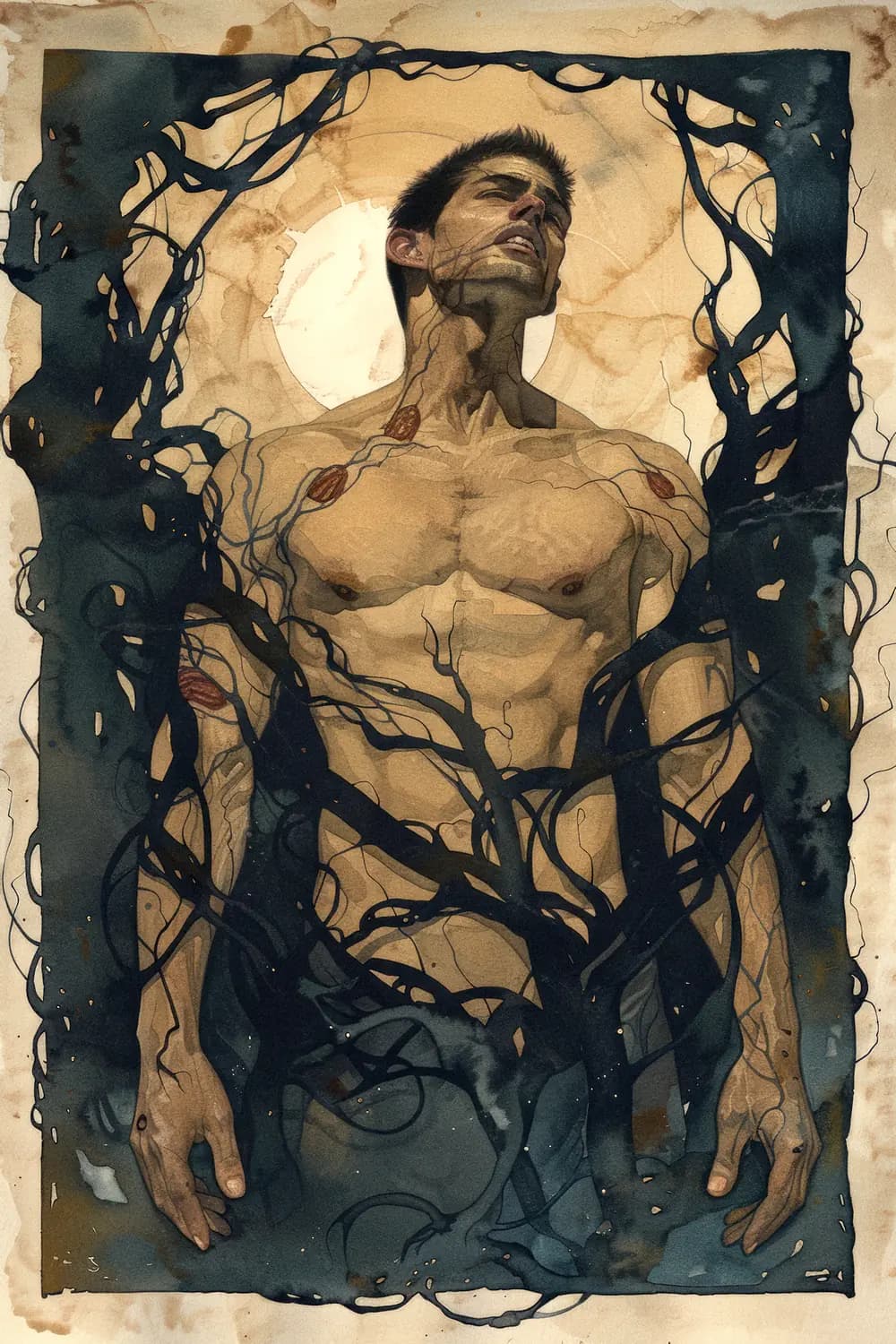 Homme enchaîné par les vignes de l'obscurité