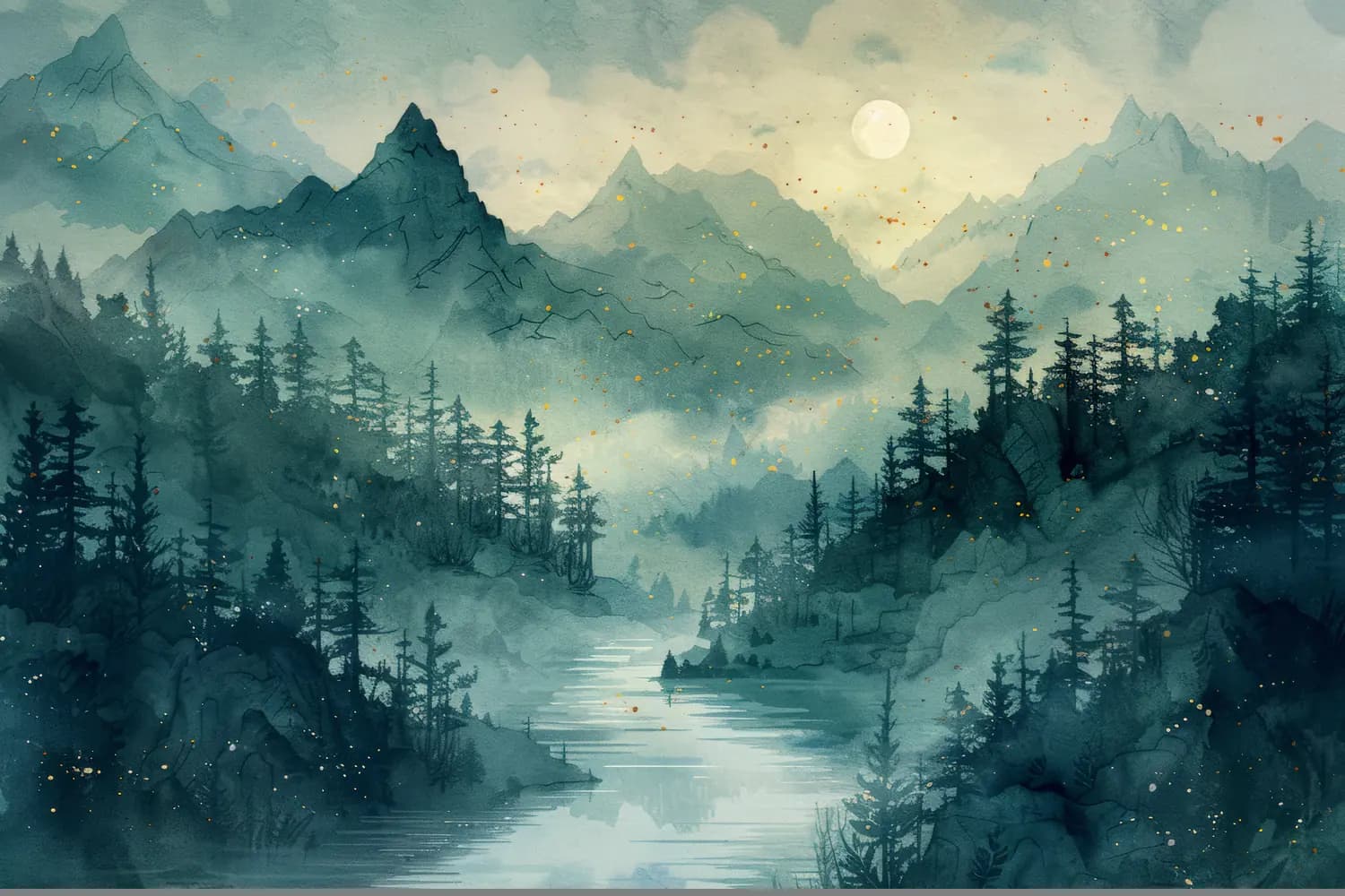 Rivière brumeuse sous la lune entre les montagnes