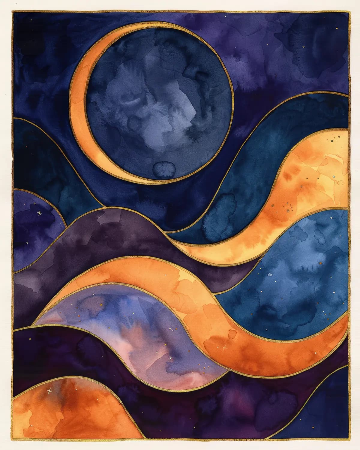 Lune et Vagues Célestes aux Reflets Dorés