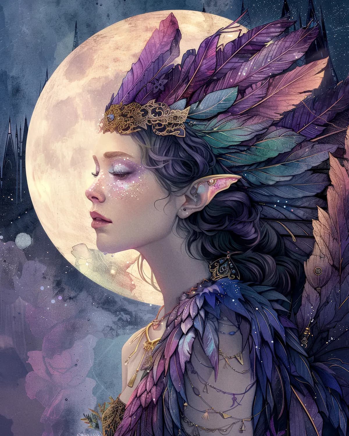 Elfe de la Lune aux Plumes Violettes