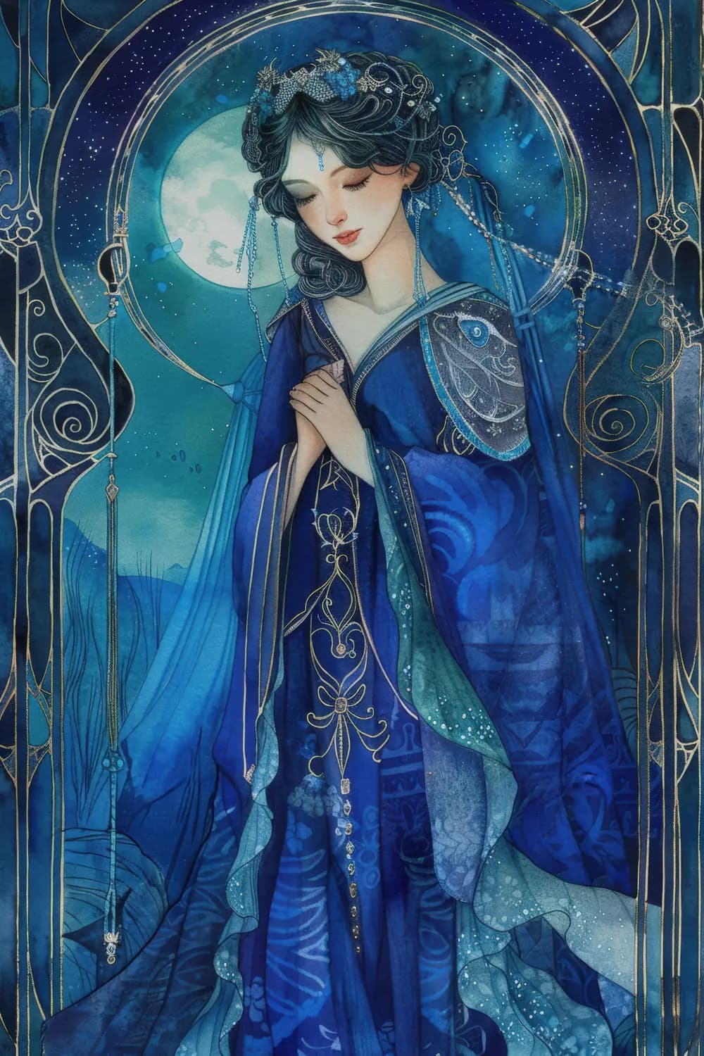 Déesse de la Lune en Robe de Nuit Bleue