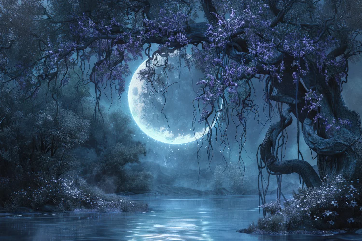 Clairière Lunaire aux Arbres Torsadés et Fleurs Violettes
