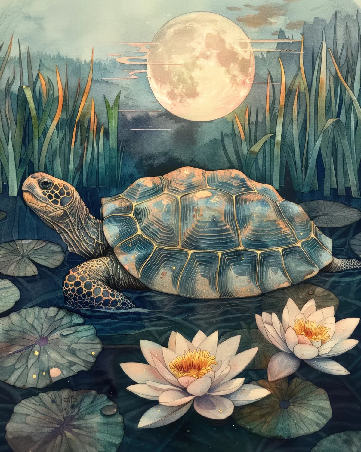 Tortue au Clair de Lune sur l'Étang aux Lotus
