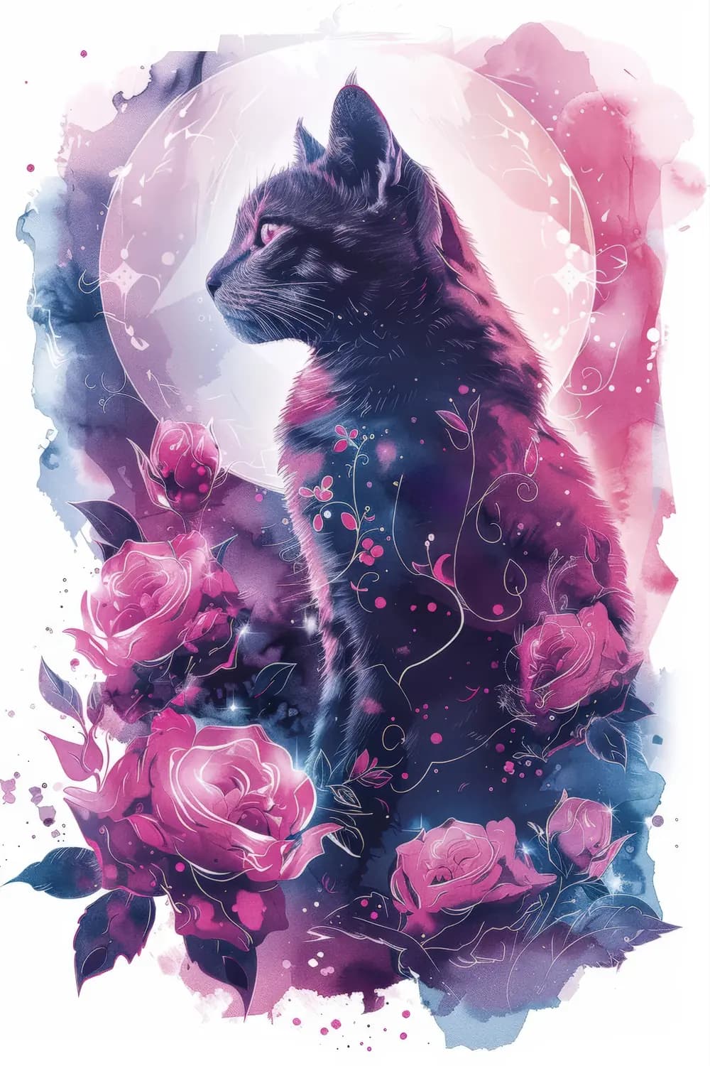 Chat Mystique aux Roses Sous la Lune