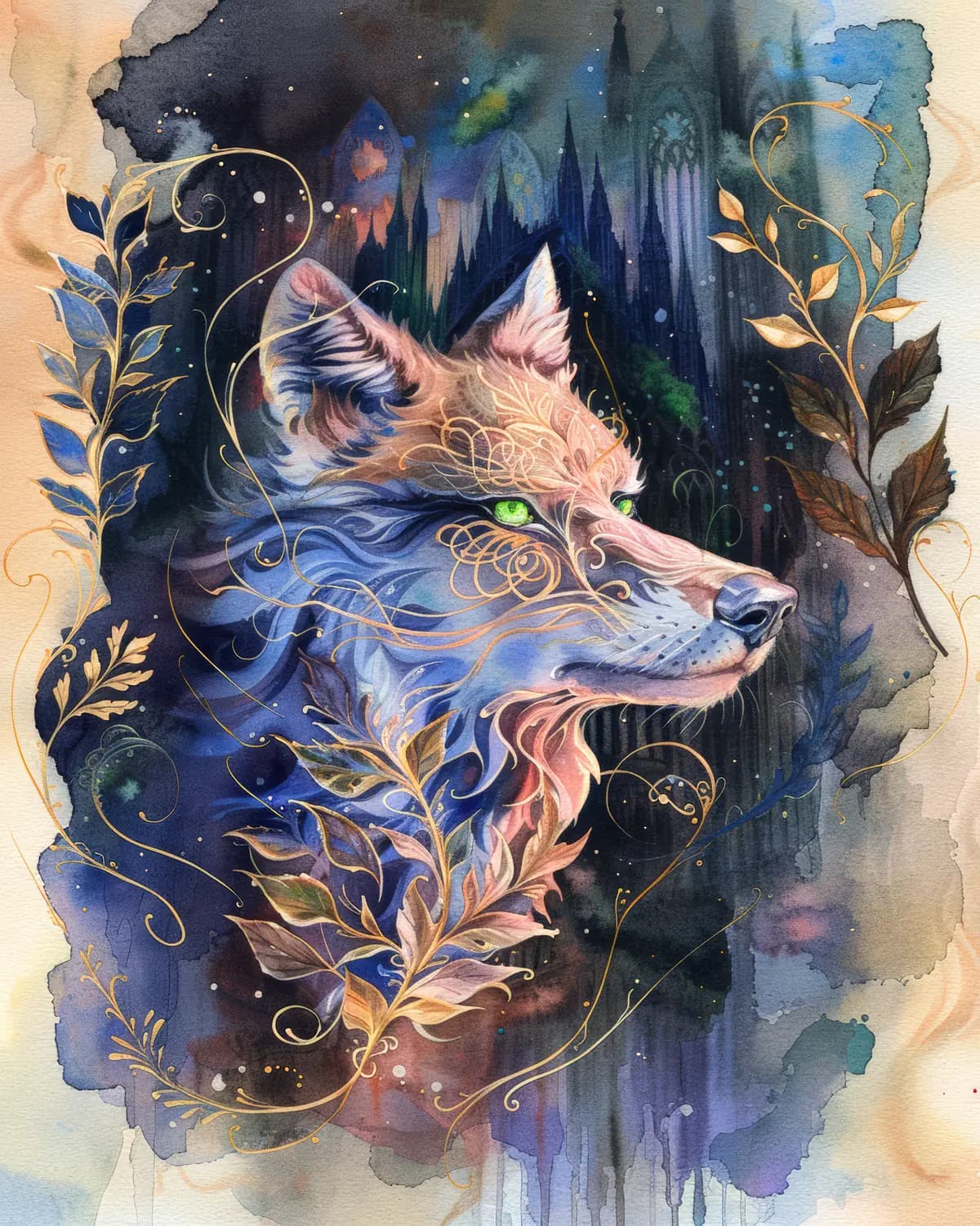 Loup Mystique aux Yeux Verts et Ornements Dorés