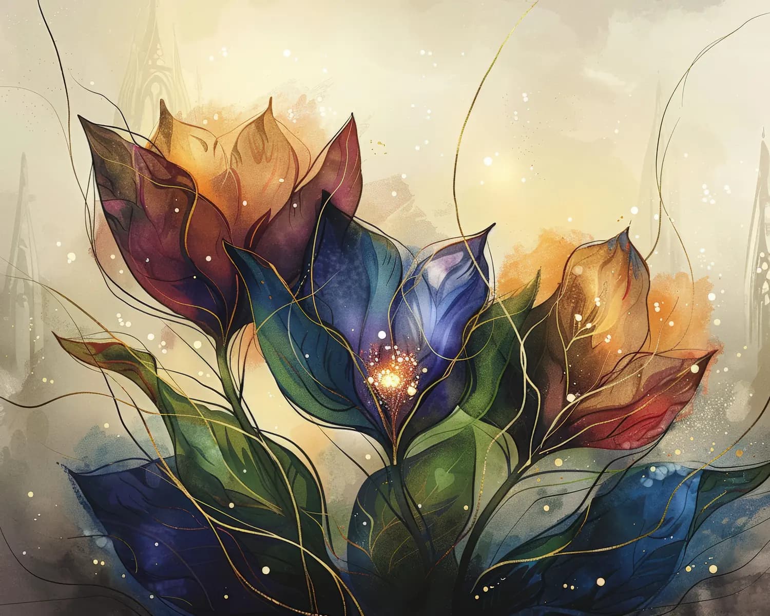 Fleurs Mystiques aux Pétales de Lumière Dorée
