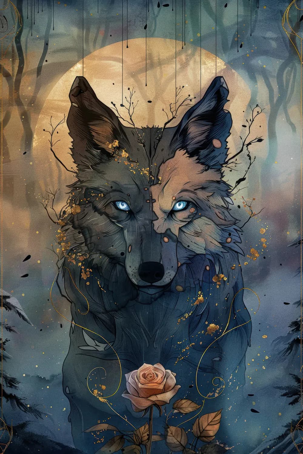 Loup Mystique aux Yeux Bleus sous la Lune