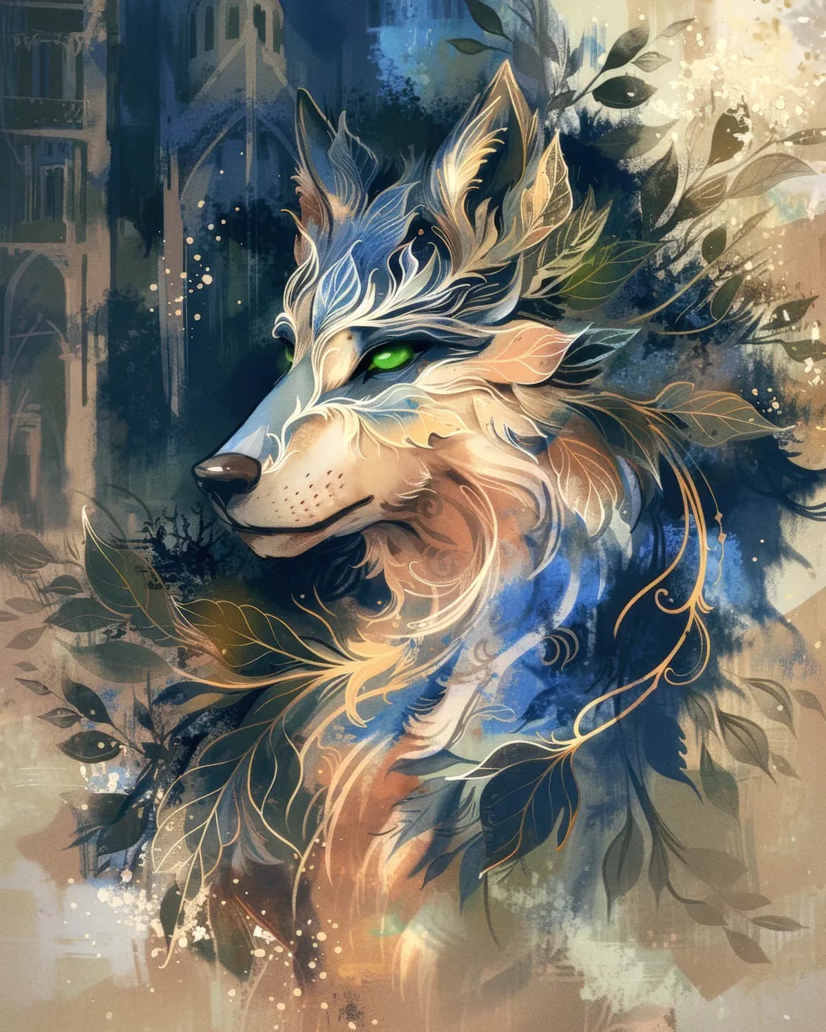 Loup Mystique aux Yeux Verts et Feuillages Dorés