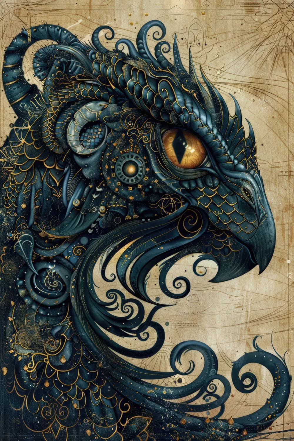 Dragon Nocturne aux Écailles d'Or et d'Encre