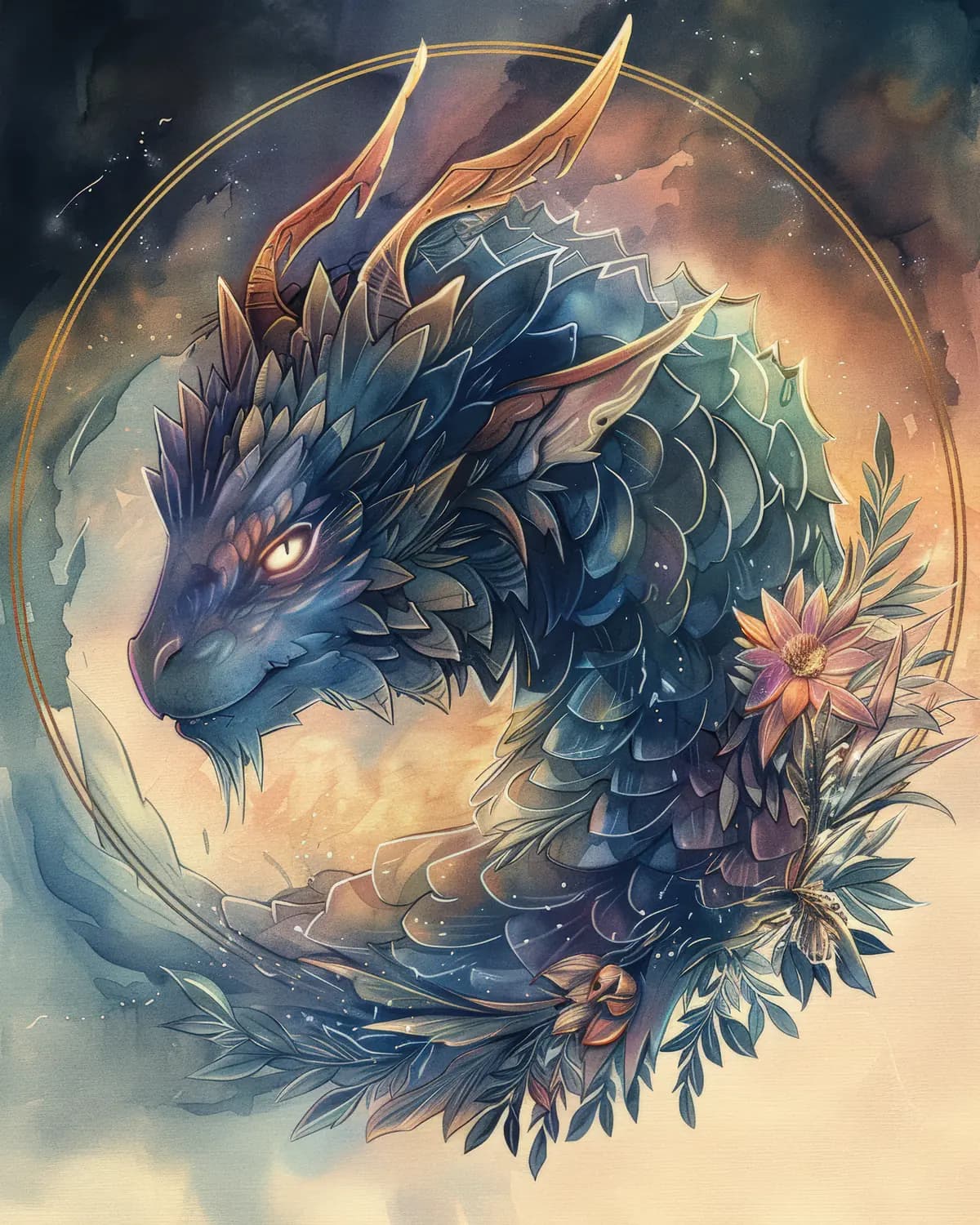 Dragon Céleste aux Écailles de Nuit Fleuries