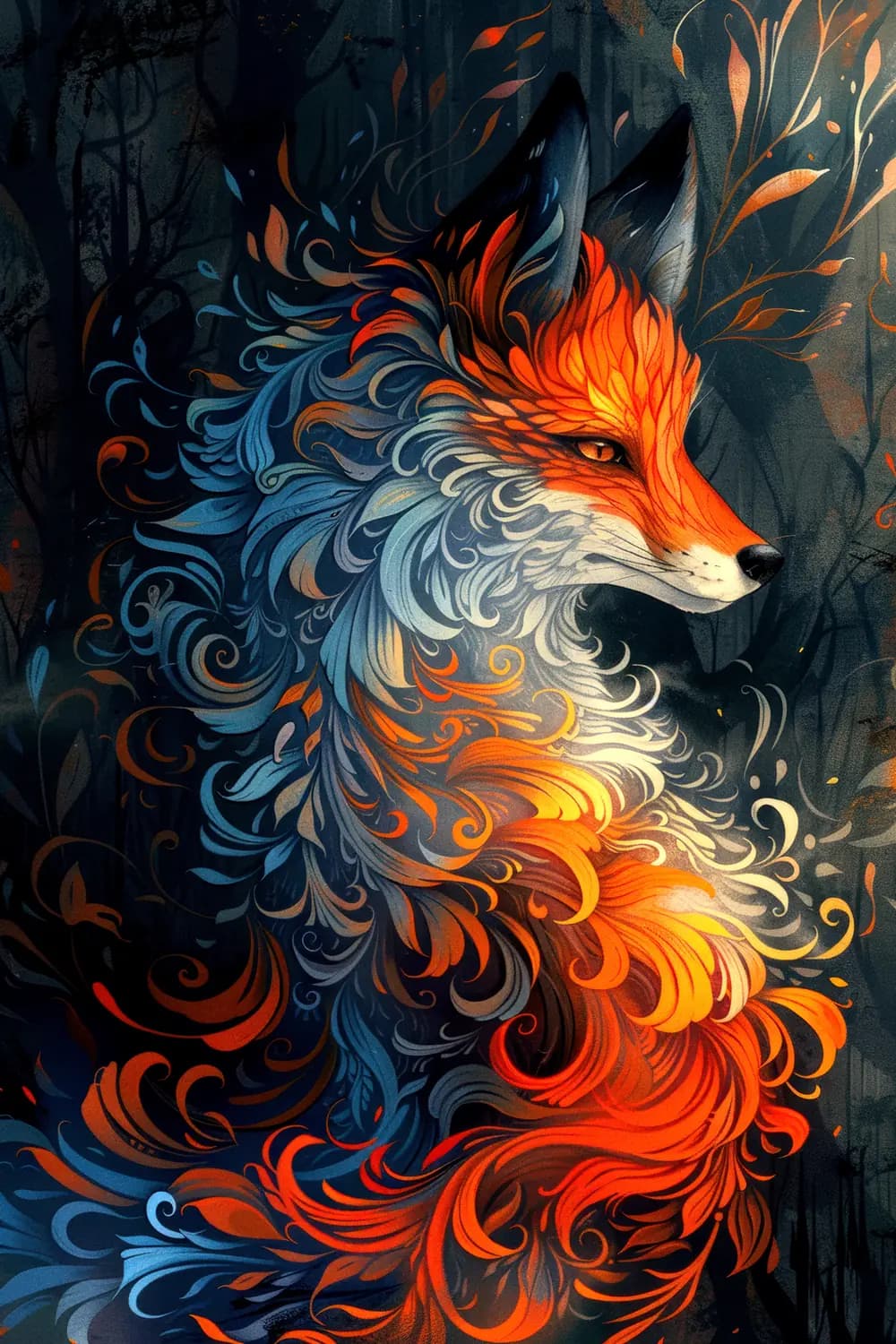 Renard de Feu aux Volutes Ornementales
