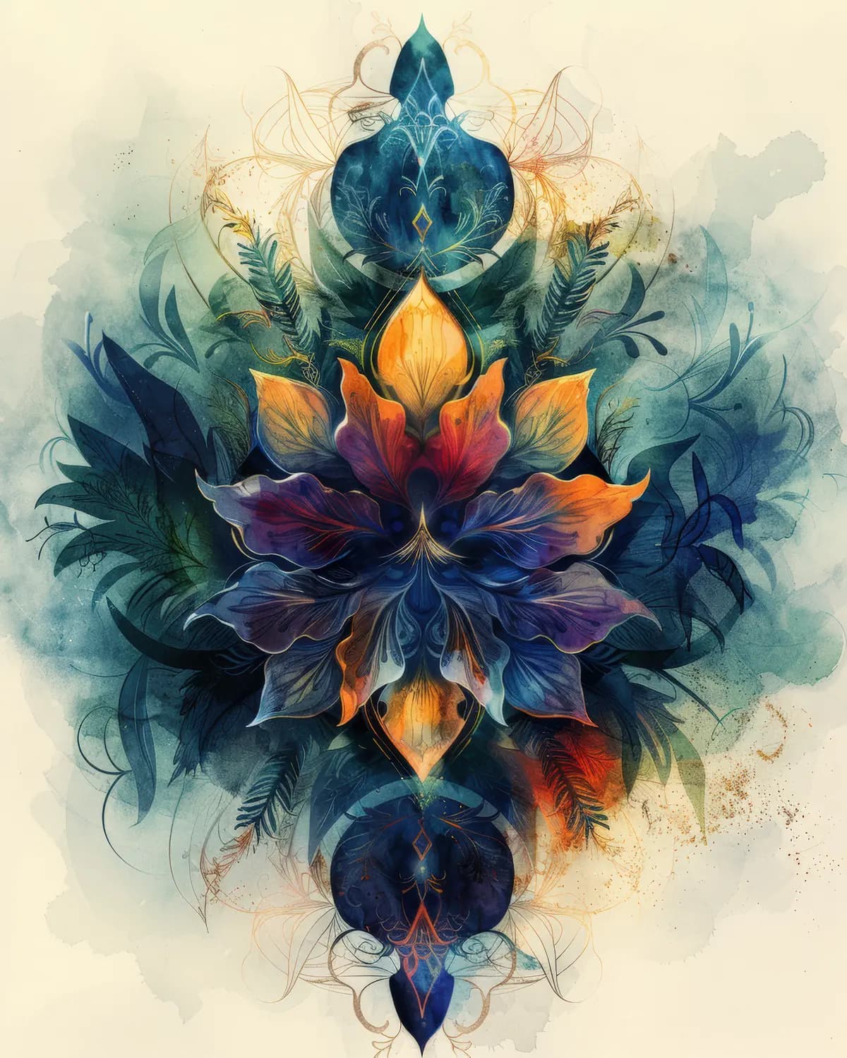 Mandala Floral aux Plumes et Reflets Dorés