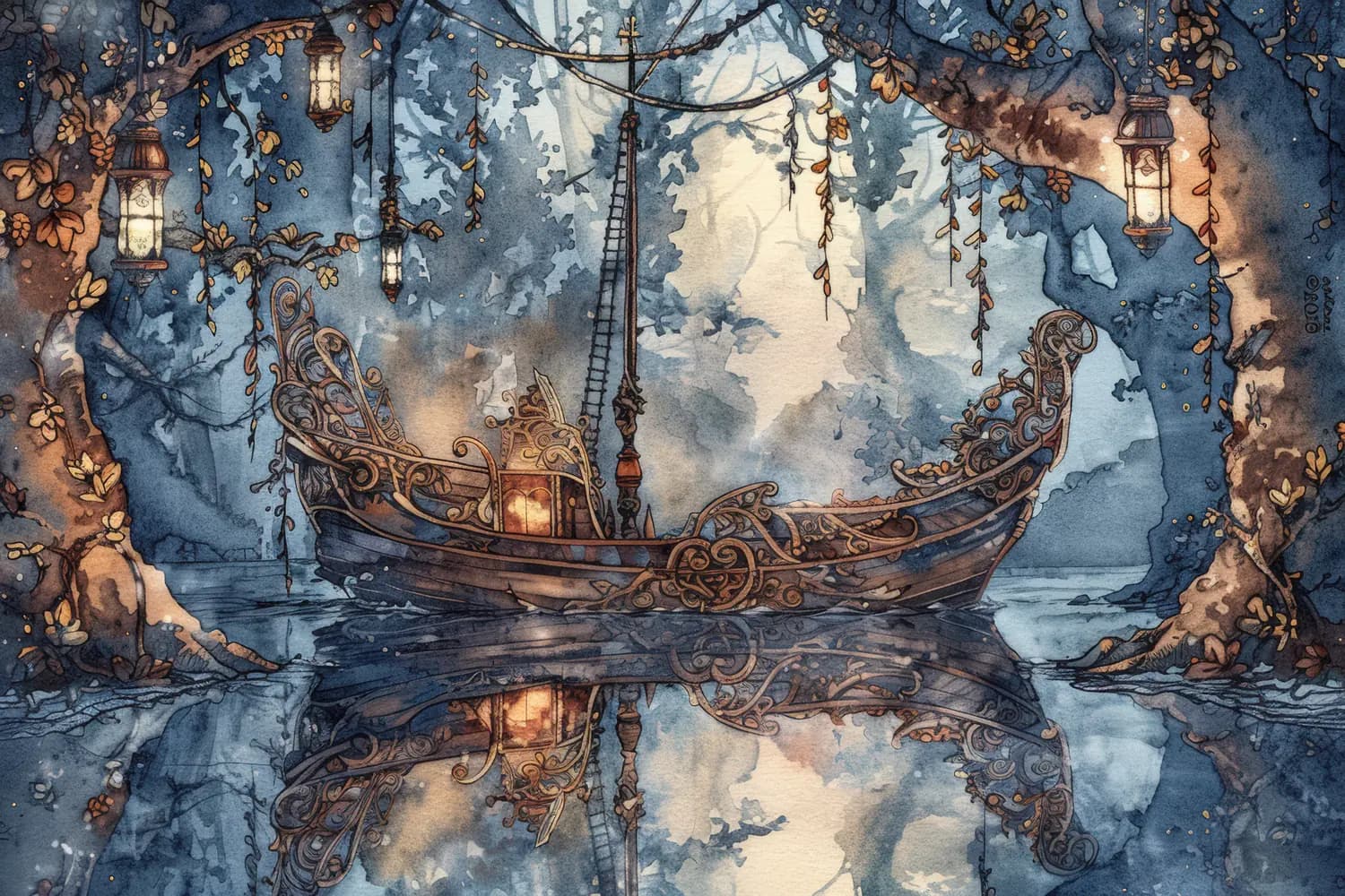 Barque Ornée sur une Rivière Enchantée