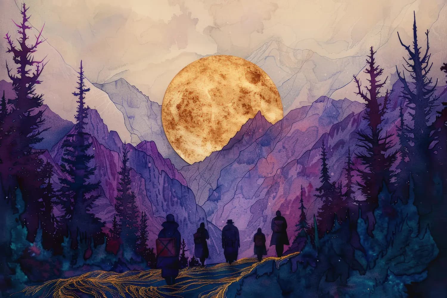 Pèlerins sous la Lune d'Or des Montagnes