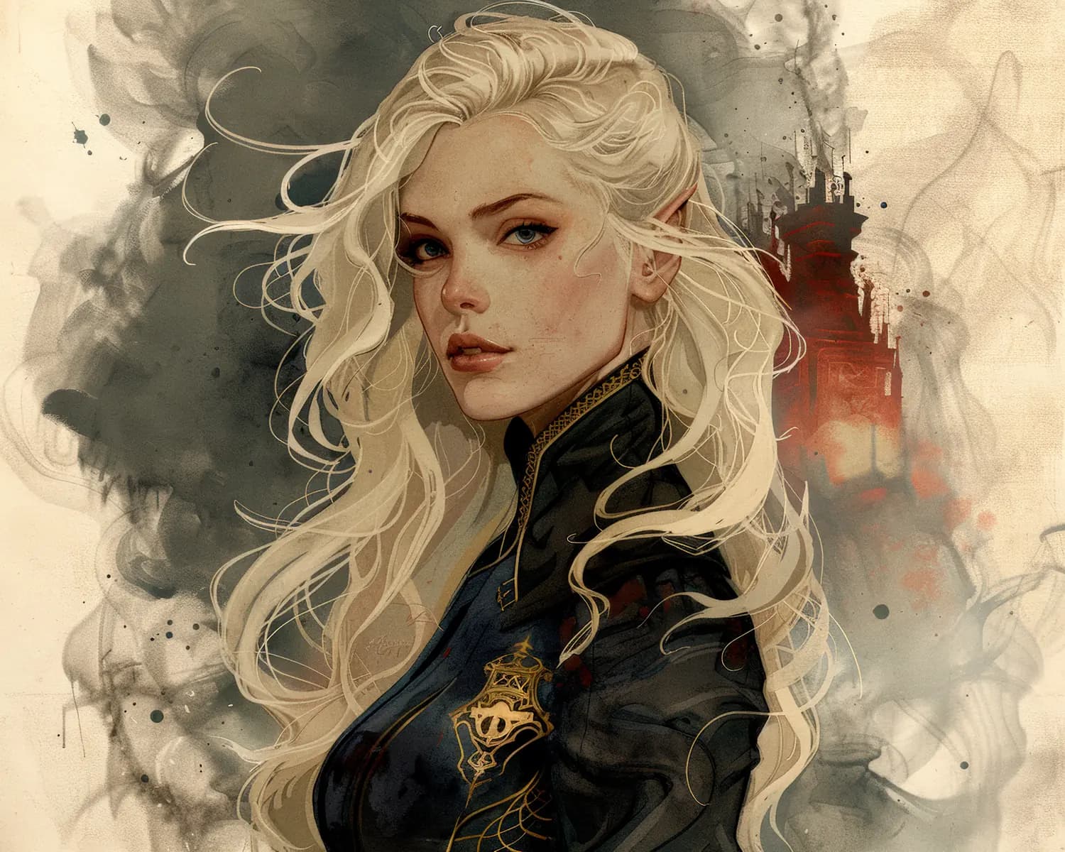 Elfe Blonde aux Yeux de Glace et Château en Flammes