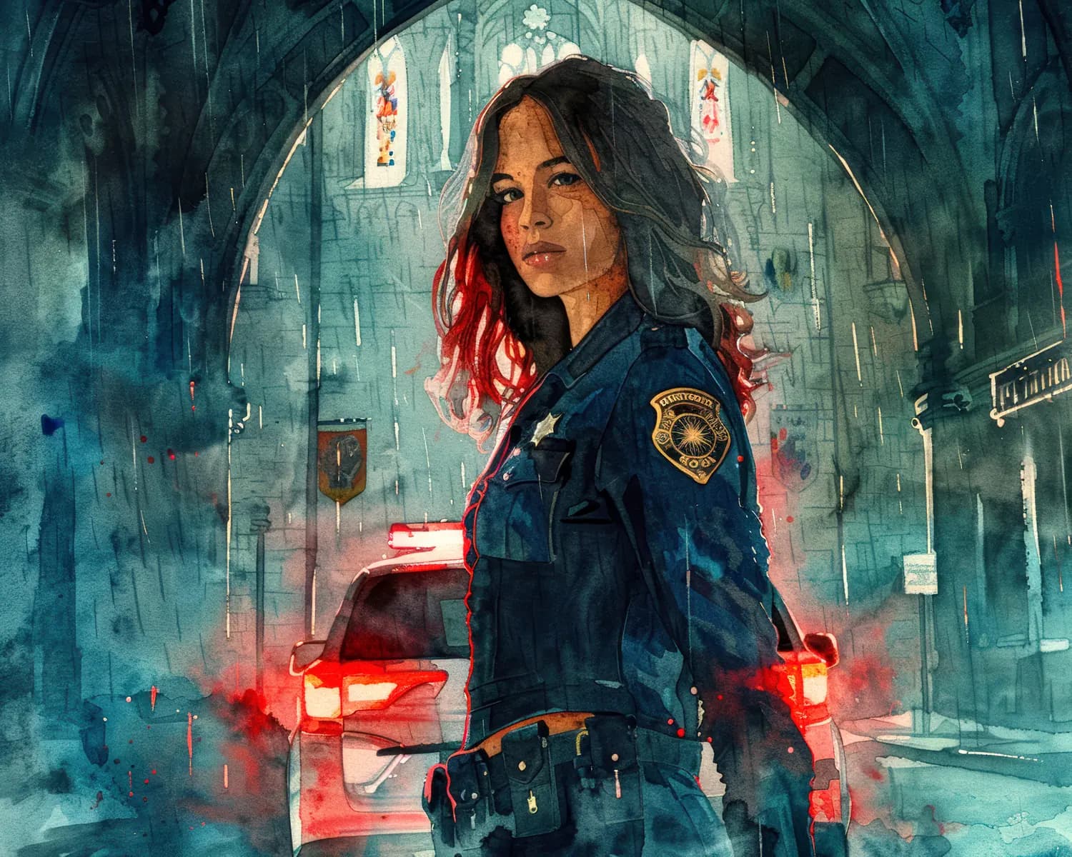 Officière sous la Pluie devant une Cathédrale