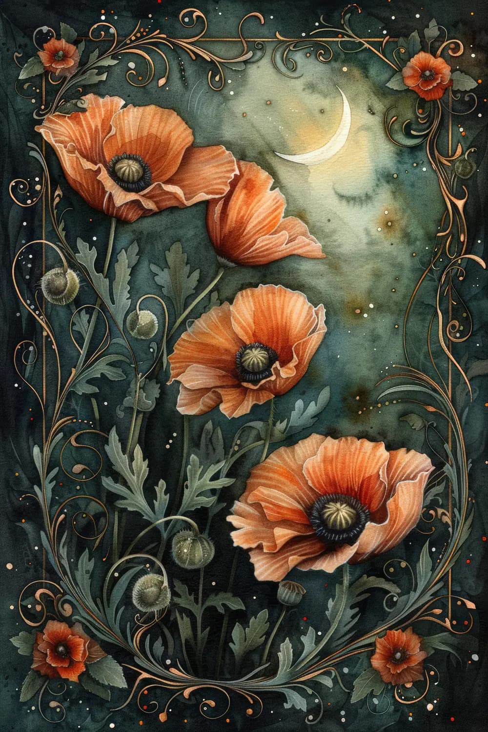 Coquelicots au Clair de Lune sous un Croissant Doré