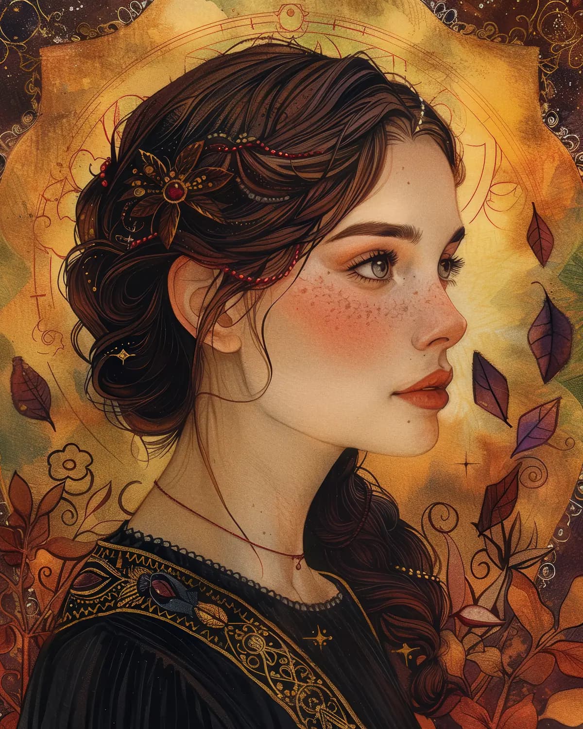 Portrait de Femme aux Feuilles d'Automne Dorées