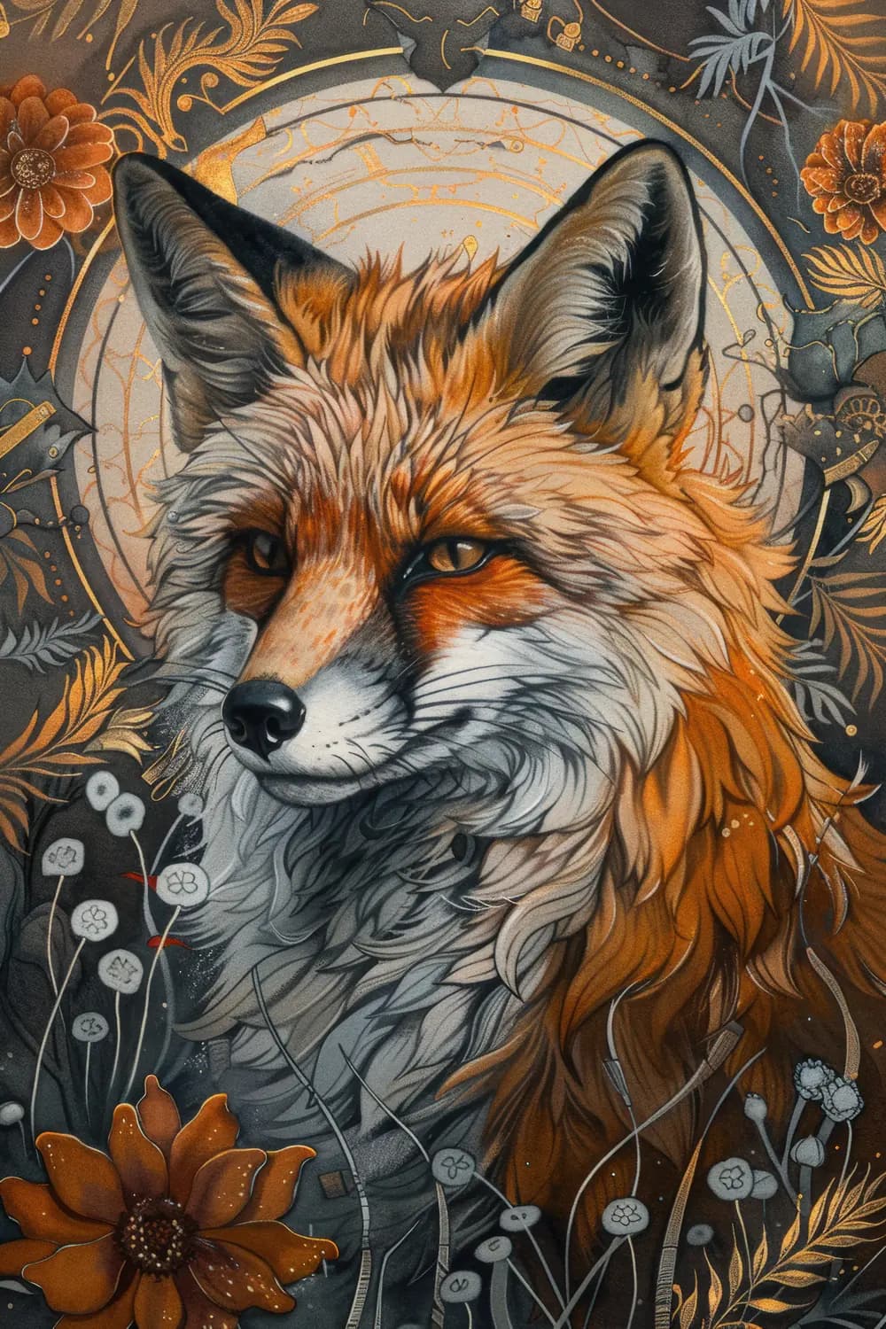 Renard Roux aux Ornements Dorés et Floraux