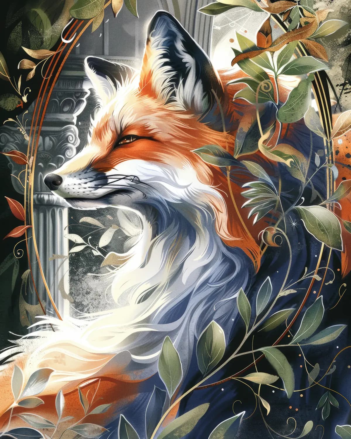 Renard Roux aux Feuilles et Colonnes Antiques