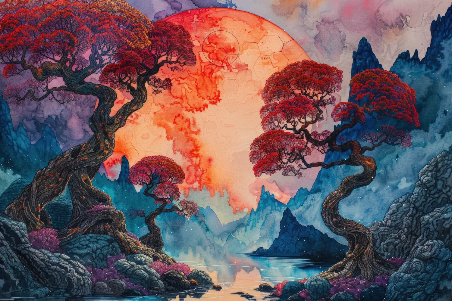 Lune Rouge sur les Arbres Tordus