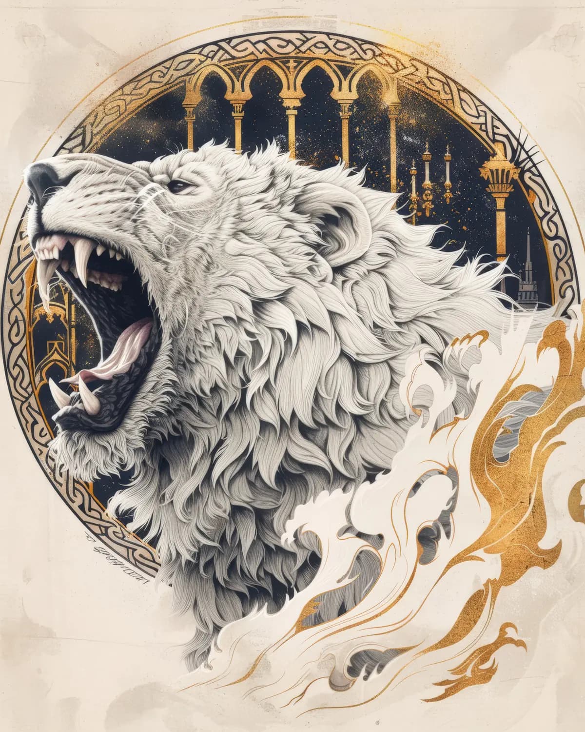 Lion Blanc Rugissant aux Ornements Dorés