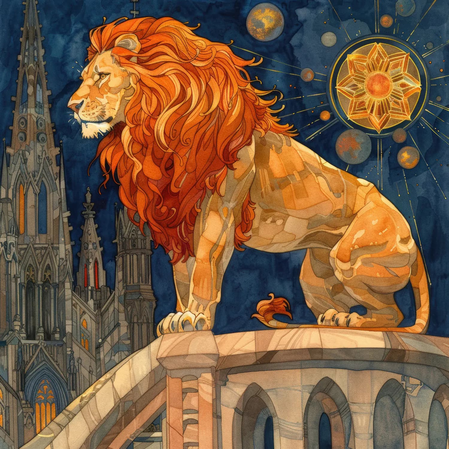Lion Royal Veillant sur une Cité Céleste