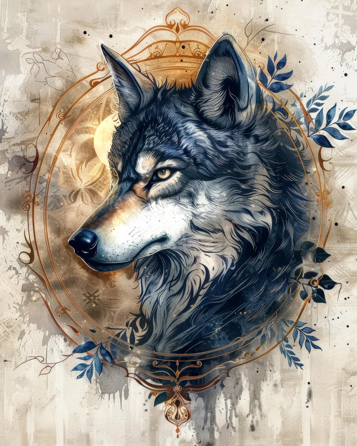 Portrait de Loup Royal aux Ornements Dorés